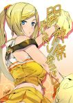  1girl ashiomi_masato bare_shoulders blonde_hair blue_eyes cheerleader groin guilty_gear guilty_gear_xrd looking_back millia_rage navel pom_poms ponytail signature skirt solo translation_request 