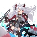  1girl azur_lane bangs black_gloves black_legwear closed_mouth finger_to_mouth garter_straps gloves grey_hair hand_up highlights iron_cross knee_up kneehighs long_sleeves looking_at_viewer military military_uniform multicolored_hair nyori prinz_eugen_(azur_lane) red_eyes redhead sidelocks simple_background solo turret twitter_username two-tone_hair two_side_up uniform white_background 
