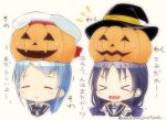  &gt;_&lt; 2girls beret blue_hair closed_eyes commentary halloween hat jack-o&#039;-lantern kantai_collection mae_(maesanpicture) multiple_girls sailor_collar samidare_(kantai_collection) simple_background suzukaze_(kantai_collection) translated twitter_username upper_body white_background witch_hat 