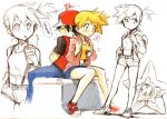  1girl baseball_cap breasts denim denim_shorts green_eyes gym_leader hat holding jacket kasumi_(pokemon) orange_hair partially_colored poke_ball pokemon pokemon_(creature) pokemon_(game) pokemon_special red_(pokemon) sei_jun short_hair shorts side_ponytail suspenders 