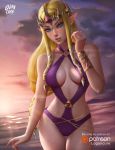  1girl artist_name blonde_hair blue_eyes breasts commentary cowboy_shot earrings highres jewelry lips logan_cure long_hair nose patreon_username pointy_ears princess_zelda sidelocks solo sunset swimsuit the_legend_of_zelda tiara triforce water zelda_musou 