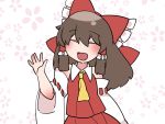  1girl ^_^ arm_up ascot bare_shoulders bow brown_hair closed_eyes commentary_request detached_sleeves hair_bow hair_tubes hakurei_reimu hammer_(sunset_beach) long_hair open_mouth skirt skirt_set smile solo touhou upper_body 