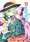  2girls ;) black_hat blush bow bubble_skirt collar commentary_request cover cover_page doujin_cover eyeball eyebrows_visible_through_hair frilled_collar frilled_skirt frilled_sleeves frills green_eyes green_hair green_skirt hair_between_eyes hand_holding hat hat_bow hat_ribbon hata_no_kokoro interlocked_fingers komeiji_koishi long_hair long_sleeves looking_at_viewer mask mask_on_head multiple_girls nogisaka_kushio noh_mask one_eye_closed pentagon_(shape) pink_eyes pink_hair plaid plaid_shirt ribbon shirt short_hair skirt smile third_eye touhou very_long_hair wavy_mouth wide_sleeves yellow_shirt 