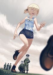  blonde_hair blue_eyes clouds erica_(naze1940) german gloves hat highres military military_hat military_uniform multiple_girls open_mouth original reichsadler running shirt shoes short_hair shorts sky soldier swastika sweat uniform world_war_ii 