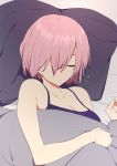  1girl alternate_costume bare_shoulders bed_sheet blanket blush breasts camisole cleavage closed_mouth collarbone eyebrows_visible_through_hair fate/grand_order fate_(series) hair_over_one_eye lying medium_breasts on_back pillow pink_hair shielder_(fate/grand_order) short_hair sleeping sleeveless sohin solo spaghetti_strap translation_request upper_body 