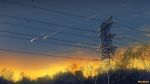  artist_name blue_sky commentary forest gradient_sky highres mclelun multicolored multicolored_sky nature no_humans original outdoors power_lines scenery shooting_star sky transmission_tower tree twilight yellow_sky 
