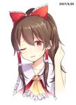  1girl ascot bare_arms bow brown_hair hair_bow hair_over_shoulder hair_tubes hakurei_reimu highres long_hair looking_at_viewer one_eye_closed ponytail red_bow red_eyes sidelocks simple_background solo sweat touhou upper_body vest white_background yamayu 