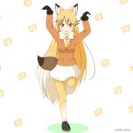  1girl animal_ears arms_up black_footwear black_gloves blonde_hair bow bowtie buttons chestnut_mouth colored_shadow donbee_dance extra_ears ezo_red_fox_(kemono_friends) fox_ears fox_tail full_body fur_trim gloves gradient_legwear jacket japari_symbol kemono_friends long_hair long_sleeves looking_at_viewer miicha miniskirt multicolored multicolored_clothes multicolored_hair multicolored_legwear necktie open_mouth orange_eyes orange_jacket pantyhose pleated_skirt shadow skirt solo standing standing_on_one_leg tail twitter_username very_long_hair white_background white_hair white_legwear white_neckwear white_skirt yellow_legwear yellow_neckwear 