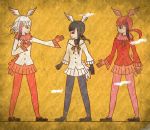  3girls bangs bird_tail black-headed_ibis_(kemono_friends) black_gloves black_hair black_legwear blunt_bangs commentary_request crack egyptian_art from_side fur_collar gloves gradient_hair hand_on_own_chest head_wings highres japanese_crested_ibis_(kemono_friends) kemono_friends kita_(7kita) long_hair long_sleeves multicolored_hair multiple_girls outstretched_arm pantyhose pink_legwear pleated_skirt pleated_sleeves profile red_gloves red_legwear red_shirt red_skirt redhead scarlet_ibis_(kemono_friends) shirt shoes skirt white_hair white_shirt white_skirt yellow_background 