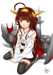  1girl ahoge artist_name black_legwear blue_eyes brown_hair chizza dated double_bun highres kantai_collection kongou_(kantai_collection) long_hair nontraditional_miko seiza signature simple_background sitting solo thigh-highs white_background 