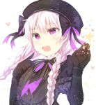  1girl black_bow black_gloves black_hat blush bow deep_(deep4946) eyebrows_visible_through_hair fate/grand_order fate_(series) gloves hat heart highres looking_at_viewer nursery_rhyme_(fate/extra) open_mouth silver_hair smile solo star violet_eyes 