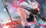  1girl android bare_shoulders between_legs black_gloves blurry blurry_background breasts cglas elbow_gloves gloves lips long_hair looking_to_the_side medium_breasts mole mole_under_mouth nier_(series) nier_automata solo sword tagme torn_clothes weapon white_hair yorha_type_a_no._2 
