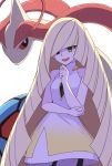  1girl :d bangs bare_arms bare_shoulders blonde_hair blush cerasus commentary_request cowboy_shot dress gradient gradient_clothes gradient_dress green_eyes hair_over_one_eye hand_on_own_arm hand_up highres long_hair looking_at_viewer lusamine_(pokemon) milotic open_mouth pokemon pokemon_(creature) pokemon_(game) pokemon_sm red_eyes simple_background sleeveless sleeveless_dress smile standing very_long_hair white_background white_dress 