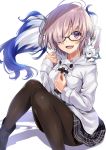  1girl :d alternate_costume ankle_boots antenna_hair black-framed_eyewear black_footwear black_legwear black_skirt blush boots casual commentary_request creature_on_shoulder duffel_coat eyebrows_visible_through_hair fate/grand_order fate_(series) fou_(fate/grand_order) glasses hair_over_one_eye hand_on_own_chest kakao_rantan knees_together_feet_apart knees_up long_sleeves looking_at_viewer miniskirt open_mouth pantyhose pink_hair plaid plaid_skirt shielder_(fate/grand_order) short_hair simple_background sitting skirt smile violet_eyes white_background white_coat 