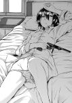  1girl bangs bare_legs bed bed_sheet collared_shirt day dress_shirt eyebrows_visible_through_hair feet_out_of_frame greyscale gun hair_between_eyes hand_on_forehead handgun highres holding holding_gun holding_weapon kawajuu kino kino_no_tabi knee_up long_sleeves looking_at_viewer lying monochrome on_back on_bed panties panty_pull parted_lips pillow revolver shirt short_hair sleeves_rolled_up solo sunlight trigger_discipline underwear weapon 