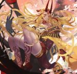  1girl 2017 artist_name artist_request black_cat blonde_hair breasts butterfly cat commentary_request fang fate/grand_order fate_(series) fingernails grin highres horns japanese_clothes long_hair medium_breasts oni oni_horns petals sharp_fingernails smile solo very_long_hair white_cat 