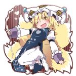  1girl animal_ears blonde_hair blush commentary_request dress fox_ears fox_tail hammer_(sunset_beach) hat multiple_tails one_eye_closed open_mouth short_hair smile solo tabard tail touhou white_dress wink yakumo_ran yellow_eyes 