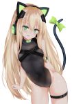  1girl absurdres animal_ears arm_at_side arm_behind_back bangs black_leotard blonde_hair blush bow breasts cat_ear_headphones cat_ears cat_tail character_name collarbone eyebrows_visible_through_hair eyes_visible_through_hair girls_frontline green_bow green_eyes hair_between_eyes headphones heart heart-shaped_pupils highres leotard long_hair looking_at_viewer navel open_mouth ribbon ru_zhai shiny shiny_skin sidelocks simple_background skindentation solo standing symbol-shaped_pupils tail tareme thigh_strap thighs tmp_(girls_frontline) very_long_hair white_background 