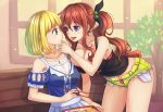  2girls bangs bare_shoulders blonde_hair blue_eyes blush bob_cut breasts brown_hair chopsticks collarbone cowboy_shot cutoffs food_in_mouth green_eyes hair_between_eyes hair_bobbles hair_ornament hair_ribbon highres large_breasts leaning_forward long_hair medium_breasts mu_ying_rong multiple_girls obentou original ribbon short_hair short_shorts shorts shoulder_cutout side_ponytail suikakitsu_shiro tank_top very_long_hair xia_you_qing yuri 