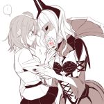  ... 2girls blush breasts carmilla_(fate/grand_order) cleavage command_spell corset fate/grand_order fate_(series) finger_kiss finger_sucking fingernails fujimaru_ritsuka_(female) hand_kiss hollomaru horns kiss long_hair long_sleeves looking_at_another mask monochrome multiple_girls scrunchie sharp_fingernails side_ponytail skirt spoken_ellipsis spot_color translated white_background wide_sleeves yuri 