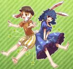  2girls animal_ears ass-to-ass bad_id bad_twitter_id bare_shoulders barefoot blonde_hair blue_dress blue_hair breasts bunny_tail cleavage dress flat_cap floppy_ears full_body green_background hat looking_at_viewer low_twintails medium_breasts multiple_girls off_shoulder orange_shirt puffy_sleeves rabbit_ears red_eyes ringo_(touhou) seiran_(touhou) shirt short_hair short_sleeves shorts star striped striped_background tail touhou twintails urin 