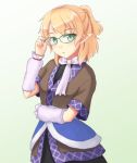  1girl arm_warmers bespectacled blonde_hair blush closed_mouth cowboy_shot glasses gomi_(gomitin) green-framed_eyewear green_eyes looking_at_viewer mizuhashi_parsee pointy_ears ponytail short_hair short_sleeves solo touhou 