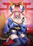  1girl animal_ears blue_legwear blush breasts brown_eyes chizza cleavage eyebrows facebook_username fate/grand_order fate_(series) fox_ears fox_tail highres huge_breasts long_hair looking_at_viewer parted_lips petals pink_hair sitting smile solo tail tamamo_(fate)_(all) tamamo_no_mae_(fate) thigh-highs torii twintails watermark web_address 