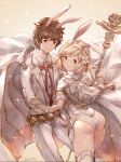  1boy 1girl absurdres animal_ears ass blazer blonde_hair bunny_tail cape djeeta_(granblue_fantasy) fake_animal_ears formal gran_(granblue_fantasy) granblue_fantasy granblue_fantasy_(style) hairband highres jacket leotard milli_little rabbit_ears revision sage_(granblue_fantasy) short_hair staff suit tail thigh-highs 