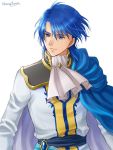  1boy blue_eyes blue_hair cape european_clothes fire_emblem fire_emblem:_seisen_no_keifu hanasaki_komugi signature sigurd_(fire_emblem) simple_background smile solo white_background 