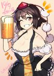  1girl alcohol alternate_costume bare_shoulders beer beer_mug black_hair breasts cleavage collarbone commentary_request dated dirndl german_clothes grin hand_on_hip hat highres looking_at_viewer medium_breasts off_shoulder one_eye_closed pointy_ears pom_pom_(clothes) red_eyes shameimaru_aya short_hair smile solo sweatdrop taketora_suzume tears tokin_hat touhou twitter_username 