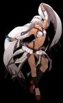  1girl altera_(fate) bangs bare_shoulders black_background breasts cellphone dancing dark_skin detached_sleeves fate/extella fate/extra fate/grand_order fate_(series) full_body highres i-pan looking_at_viewer midriff nail_polish navel parted_lips phone red_eyes short_hair simple_background small_breasts smartphone smile solo stomach tattoo veil white_hair 