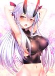  1girl armpits arms_behind_head arms_up blush breasts cowboy_shot fate/grand_order fate_(series) hair_between_eyes hair_ribbon highres large_breasts long_hair looking_at_viewer navel oni_horns open_mouth red_eyes ribbon sideboob silly_(marinkomoe) silver_hair solo tomoe_gozen_(fate/grand_order) 