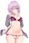  1girl :d blush bow bra breasts collarbone cowboy_shot fate/grand_order fate_(series) front-tie_top glasses gluteal_fold groin hair_over_one_eye hands_on_own_chest jacket long_sleeves looking_at_viewer mamemena medium_breasts navel open_clothes open_jacket open_mouth panties parted_lips pink_bow pink_bra pink_eyes pink_hair shielder_(fate/grand_order) shiny shiny_skin short_hair side-tie_panties simple_background skindentation sleeves_past_wrists smile solo standing stomach striped striped_panties thigh_gap thighs track_jacket under-rim_eyewear underwear white_background white_bow white_jacket white_panties 