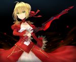  1girl ahoge blonde_hair blush breasts cleavage eyebrows_visible_through_hair fate/extra fate_(series) green_eyes hair_ribbon highres holding holding_sword holding_weapon hosaka_(user_xudc3575) large_breasts long_sleeves looking_away parted_lips red_ribbon ribbon saber_extra short_hair solo sword weapon 