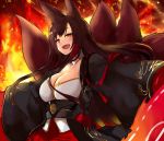  1girl :d akagi_(azur_lane) animal_ears azur_lane bangs breasts brown_eyes brown_hair cleavage commentary eyebrows_visible_through_hair eyeshadow fang fiery_background fire flight_deck fox_ears fox_tail haik japanese_clothes kimono large_breasts long_hair long_sleeves looking_at_viewer magic makeup multiple_tails obi open_mouth pleated_skirt red_skirt sash skirt smile solo tail upper_body wide_sleeves 