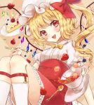  1girl bangs blonde_hair bow bowtie cake cup fangs flandre_scarlet food fork fruit hat hat_bow head_tilt heart high-waist_skirt highres holding kneehighs konnyaku_(yuukachan_51) leaf leg_strap long_hair looking_at_viewer mob_cap nail_polish one_side_up pointy_ears puffy_short_sleeves puffy_sleeves red_bow red_eyes red_nails red_skirt saucer short_sleeves sitting skirt smile solo spoon strawberry strawberry_shortcake sugar_cube teacup tears touhou vest white_hat white_legwear wings yellow_neckwear 