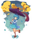  1girl bangs bare_legs blue_eyes blue_hair blue_skirt blue_vest blush breasts closed_mouth clouds cloudy_sky eyebrows eyebrows_visible_through_hair facing_away full_body geta heterochromia holding holding_umbrella karakasa_obake leg_up long_sleeves looking_away looking_to_the_side lowres miniskirt no_nose no_pupils one-eyed pixel_art puddle puffy_long_sleeves puffy_short_sleeves puffy_sleeves purple_umbrella rain raised_eyebrows red_eyes shirt short_hair short_sleeves simple_background skirt skirt_set sky sleeves_past_wrists small_breasts smile solo splashing standing standing_on_one_leg tareme tatara_kogasa tongue tongue_out touhou umbrella vest vixiv water white_background white_shirt 