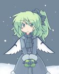  1girl 216 :&gt; alternate_costume belt blue_background blush bow box coat commentary_request daiyousei fairy_wings falling_snow gift gift_box giving green_eyes green_hair hair_bow looking_at_viewer scarf short_hair side_ponytail simple_background smile snow solo touhou wings winter_clothes 