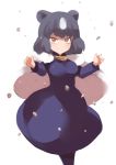  1girl animal_ears bear_ears black_hair brown_bear_(kemono_friends) brown_eyes closed_mouth cosplay cowboy_shot dress eyebrows_visible_through_hair fubuki_(one-punch_man) fubuki_(one-punch_man)_(cosplay) hands_up kemono_friends long_sleeves looking_at_viewer multicolored_hair one-punch_man short_hair solo standing two-tone_hair white_hair yostxxx 
