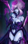  1girl bare_shoulders blue_skin breasts evelynn facial_mark fingernails grey_hair half-closed_eyes heart_cutout hips large_breasts league_of_legends lipstick looking_at_viewer makeup mascara multicolored_hair navel navel_cutout neo-tk.. purple_hair purple_lipstick scythe sharp_fingernails slit_pupils smile thigh-highs two-tone_hair watermark yellow_eyes 
