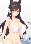  1girl animal_ears atago_(azur_lane) azur_lane bangs bikini black_hair blush breasts brown_eyes choker closed_mouth collarbone eyebrows_visible_through_hair flower hair_flower hair_ornament kuavera large_breasts long_hair looking_at_viewer navel shiny shiny_hair simple_background skindentation smile solo straight_hair swimsuit turret twitter_username upper_body white_background white_bikini wide_hips 