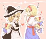  &gt;_&lt; 2girls :d :o alice_margatroid apron ascot black_dress blonde_hair blue_dress blue_eyes blush bow braid capelet commentary_request cowboy_shot directional_arrow dress floating flying_sweatdrops hair_bow hair_ribbon hairband hat heart highres kirisame_marisa kototoki lolita_hairband looking_at_viewer looking_back multiple_girls open_mouth outline pink_background puffy_short_sleeves puffy_sleeves pushing ribbon shanghai_doll short_hair short_sleeves simple_background single_braid smile touhou translation_request tress_ribbon waist_apron witch_hat xd yellow_eyes 