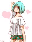  1girl :o arm_up artist_name blue_eyes blue_hair breasts bulma dragon_ball eyebrows_visible_through_hair heart looking_at_viewer miiko_(drops7) multicolored multicolored_clothes multicolored_shorts open_mouth shirt short_hair shorts simple_background solo white_background white_shirt 