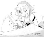  &gt;:) 1girl animal_ears apron bandanna bangs blush_stickers chopping cutting_board dutch_angle eyebrows_visible_through_hair foreshortening from_below greyscale inubashiri_momiji monochrome motion_blur motion_lines smile sparkle tail taurine_8000mg touhou twitter_username wolf_ears wolf_tail 
