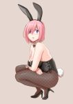  1girl ac_butsupa animal_ears bare_shoulders black_leotard bow bowtie breasts bunny_tail bunnysuit cleavage detached_collar fake_animal_ears fate/grand_order fate_(series) fishnet_pantyhose fishnets glasses high_heels highres large_breasts leotard looking_at_viewer open_mouth pantyhose pink_hair rabbit_ears shielder_(fate/grand_order) short_hair simple_background solo squatting tail violet_eyes wrist_cuffs 