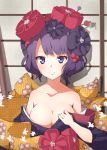  1girl bare_shoulders black_hair blue_eyes breasts cleavage closed_mouth fate/grand_order fate_(series) flower hair_flower hair_ornament highres hiyoko_(pixiv16803940) japanese_clothes katsushika_hokusai_(fate/grand_order) kimono looking_at_viewer medium_breasts off_shoulder shadow short_hair sketch sliding_doors smile solo 