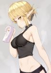  1girl aegis_(takunomi) arm_at_side bare_shoulders blonde_hair breasts dripping folded_ponytail from_side green_eyes grey_background halter_top halterneck highres impossible_clothes impossible_shirt looking_at_viewer medium_breasts midriff navel original parted_lips pointy_ears shirt short_hair sideboob simple_background solo sweat takunomi towel tsurime 