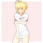  1girl ahoge atair blonde_hair blush breast_hold breasts fate_(series) gym_uniform looking_at_viewer name_tag saber_extra shirt_tug solo 