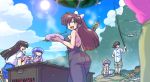  1boy 4girls :d ass back barbecue black_hair bow braid brown_hair bucket clouds day drink fish fishing fishing_rod food fruit glasses green_eyes hair_bow hips kuonji_ukyou long_hair looking_at_another looking_back mousse multiple_girls no_bra open_mouth outdoors purple_hair ranma_1/2 saotome_ranma shampoo_(ranma_1/2) shorts single_braid sky smile squatting standing strapless sun tendou_akane wantan-orz watermelon 