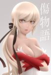  1girl :d bare_shoulders black_ribbon blonde_hair blush breasts collarbone copyright_name covering covering_breasts crossed_arms dress fang gloves grey_background hair_between_eyes hair_ribbon highres kiss-shot_acerola-orion_heart-under-blade kizumonogatari large_breasts long_hair looking_at_viewer low_ponytail monogatari_(series) open_mouth orange_eyes red_gloves ribbon siraha smile solo strapless strapless_dress tsurime upper_body very_long_hair white_dress 